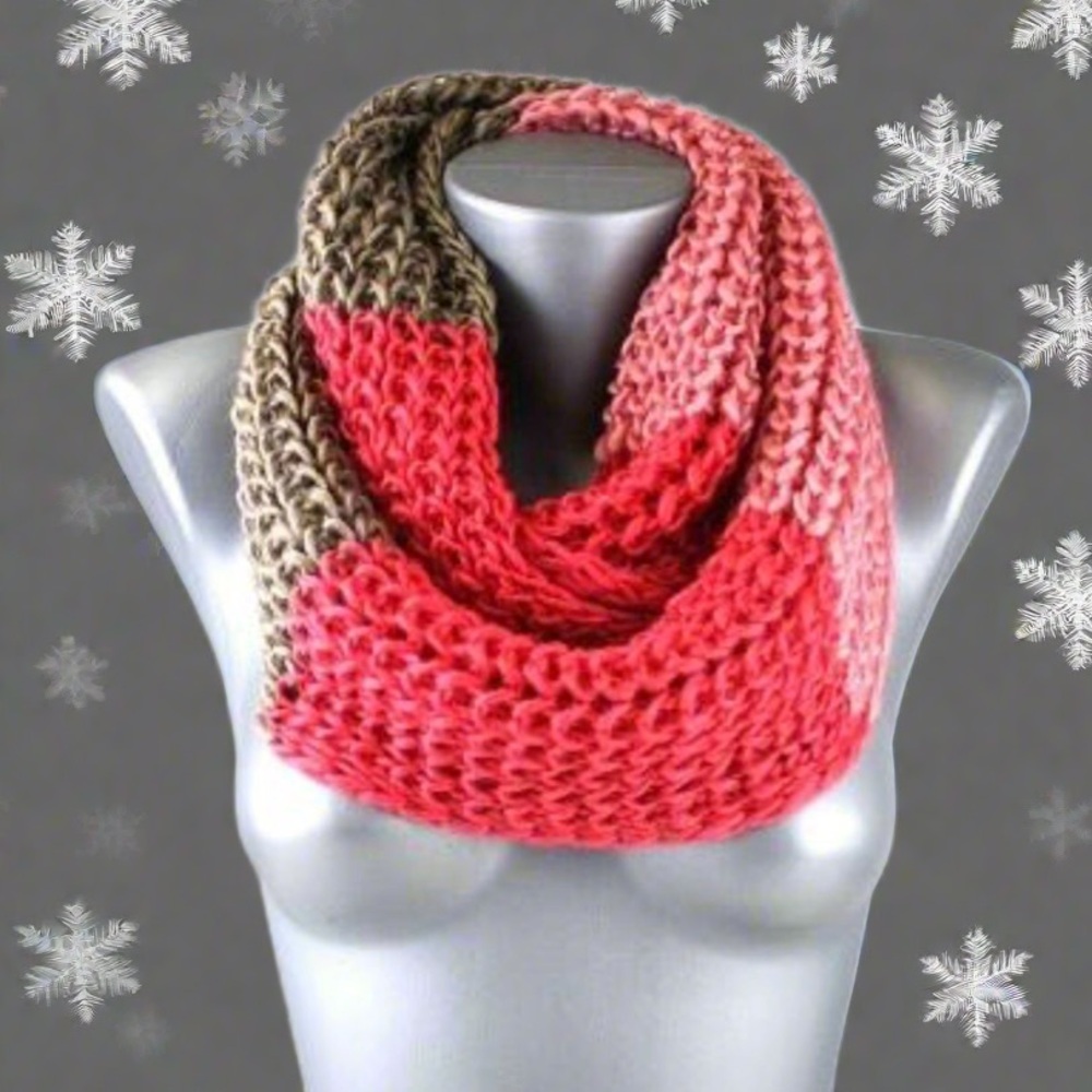 NEW Winter Knit Infinity Scarf Coral Pink Tan Striped Scarf